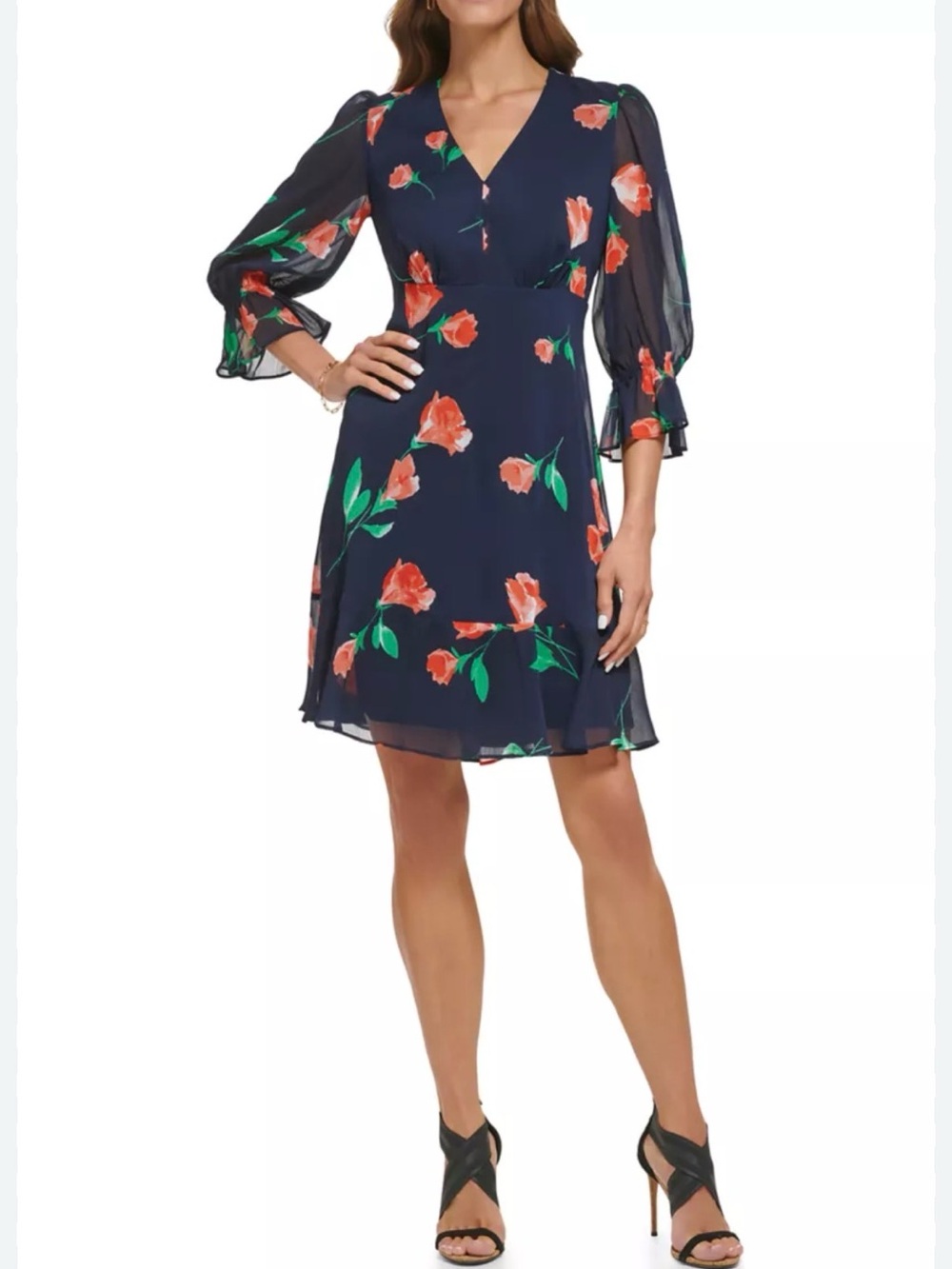 Dkny Fit and Flare Navy Dress with Floral Print
